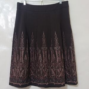 Loft Elegant Brown Embroidered A-Line Pleated Skirt - Size 12